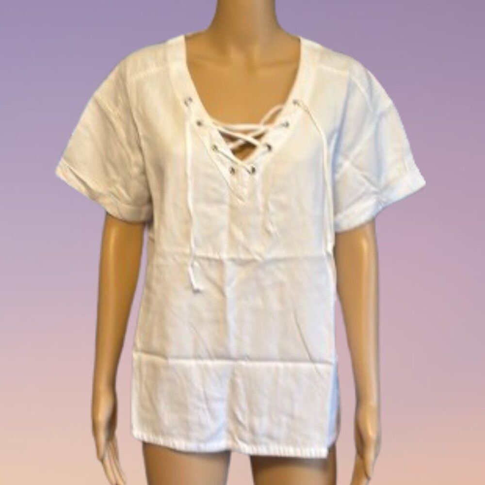 New Matty M V-Neck Lace Up Nautical Theme Top Cream White size Small D81